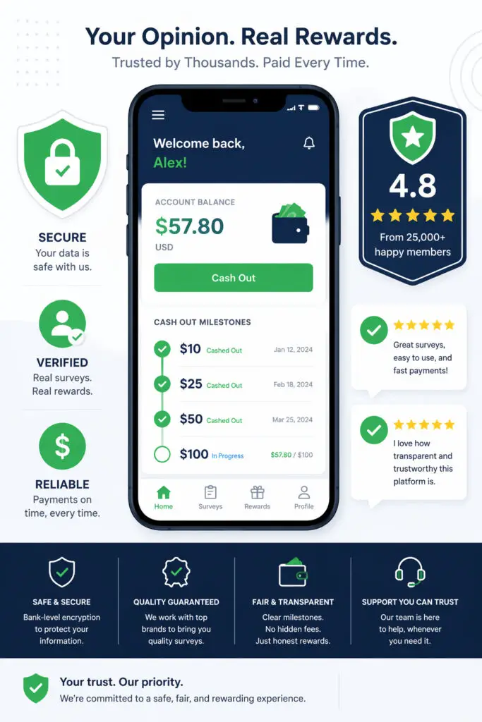 A secure vector illustration of a highly rated, trusted online survey platform, emphasizing safety and verified payouts.