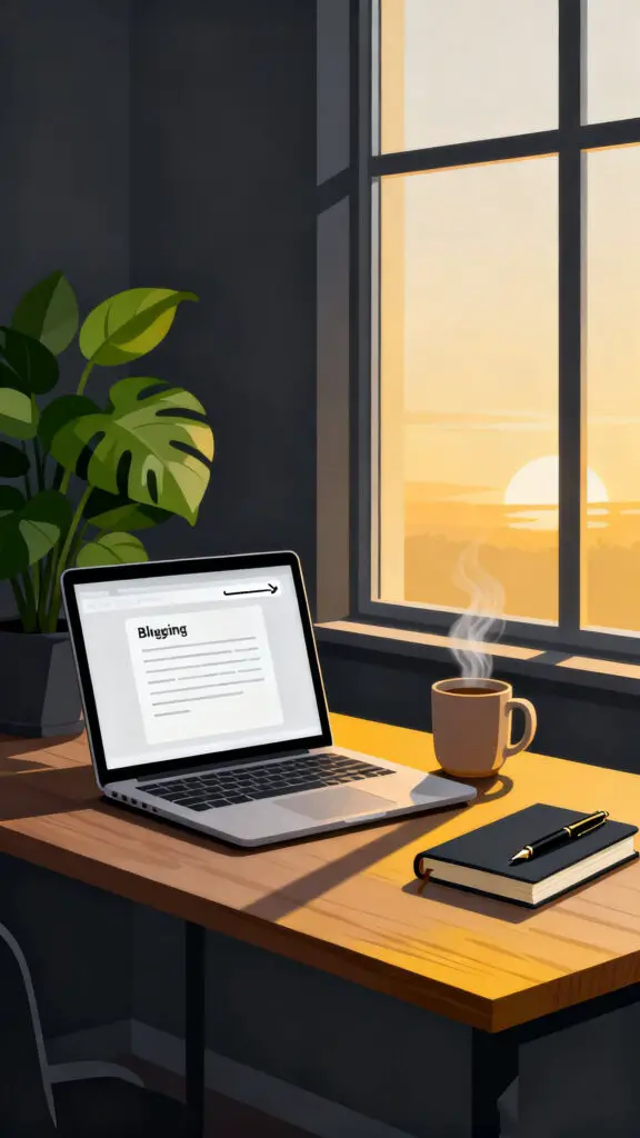 How To Make Money From Home Without Showing Your Face 3 A peaceful vector illustration of a minimalist home workspace optimized for writing an anonymous blog under a pen name.