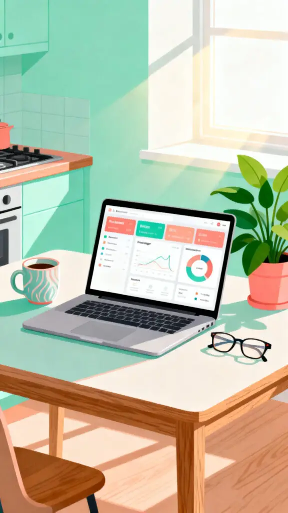 How Can I Improve My Money Management Skills? 2 A professional vector illustration of a modern, organized home workspace showcasing a clean and balanced personal budget.