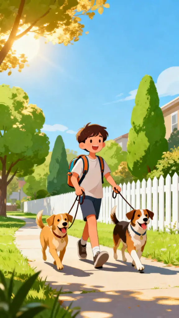 A bright vector illustration of a kid responsibly walking dogs in a park, showing a fun and active side hustle.