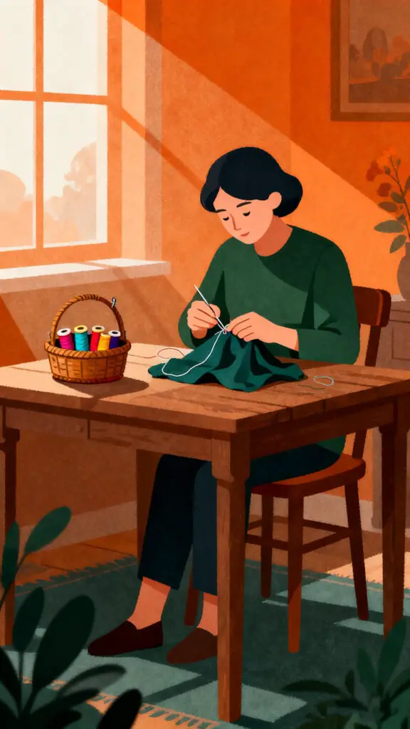 A cozy vector illustration of someone repairing clothes, representing the old-fashioned value of fixing items instead of buying new ones.