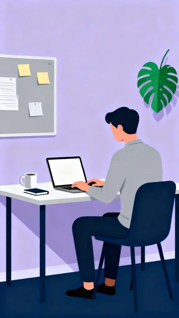 A calm vector illustration of a freelance writer working in a quiet, organized home office.