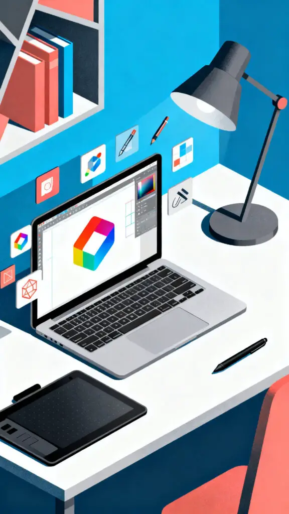 A creative digital illustration of a graphic designer’s workspace, featuring digital tools and vibrant design elements.