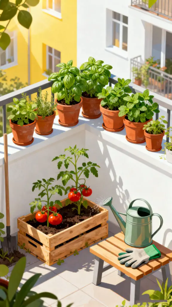 A vibrant digital illustration of a small balcony herb garden, showing how to grow food in a limited space.