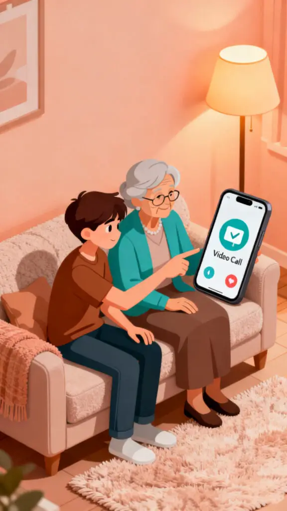A professional digital illustration of a tech-savvy kid helping a neighbor with their smartphone, symbolizing a helpful and modern side hustle.