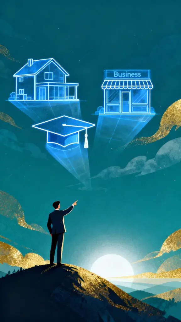 A visionary vector illustration showing a person mapping out purposeful financial goals like homeownership and business ventures.
