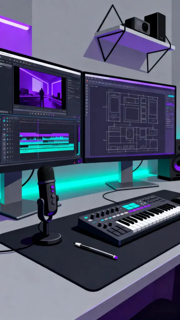 Real Ways To Make $500 A Day 2 A modern vector illustration of a high-income freelance workspace, highlighting advanced digital skills like UI/UX design and video editing.