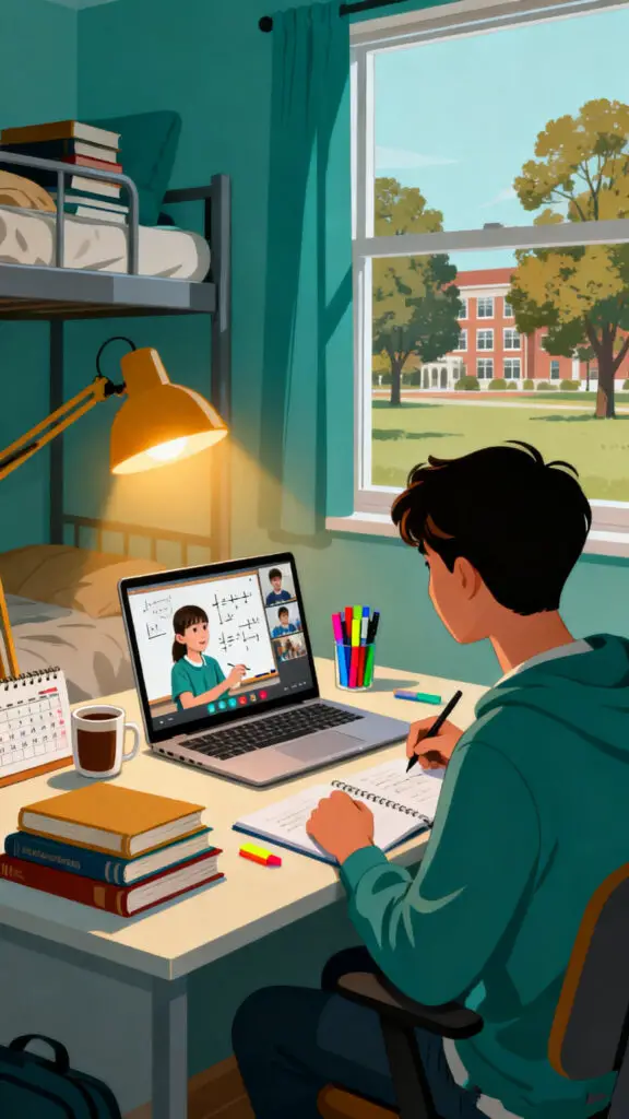 A warm vector illustration of a college student providing online tutoring from a desk in their dorm room.