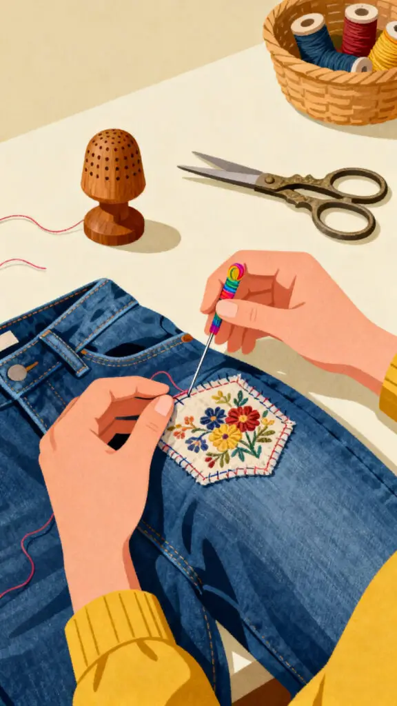 Old-Fashioned Frugal Living Tips 3 A professional vector illustration of visible mending, celebrating the craft of repairing clothes instead of buying new ones.