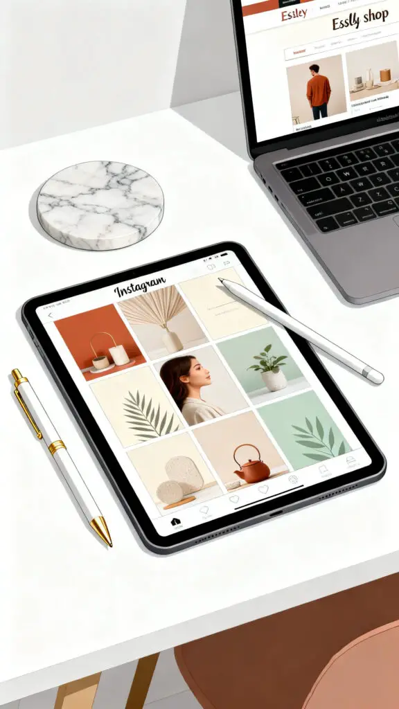 How to Make Money With Canva 2 A trendy vector illustration of an organized desk featuring editable social media template kits displayed on a digital tablet.