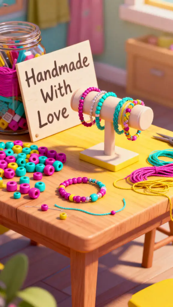 A vibrant digital illustration of a handmade craft station, representing a kid's creative small business.