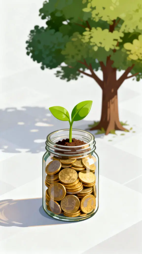 A symbolic digital illustration of a small plant growing from coins, representing how small savings grow over time.