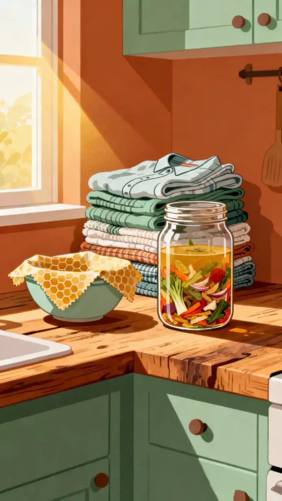 Old-Fashioned Frugal Living Tips 2 A warm and modern vector illustration showcasing zero-waste habits like repurposing food scraps and textiles.
