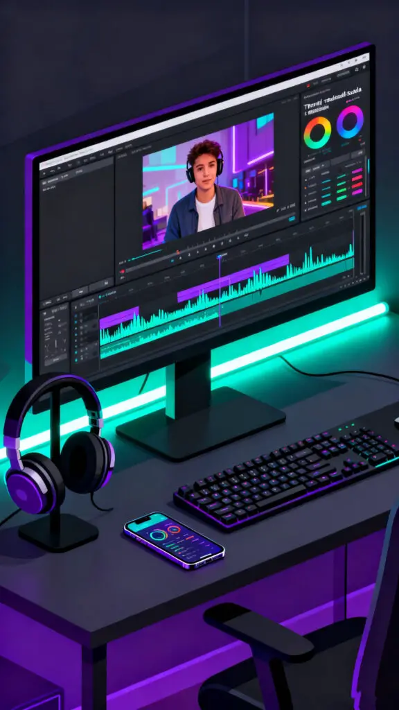 A dynamic vector illustration of a digital setup used for editing engaging short-form videos and reels.