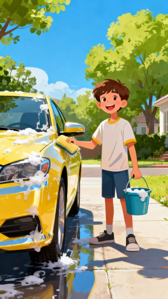 A bright vector illustration of a motivated 12-year-old washing a car to earn money in their neighborhood.