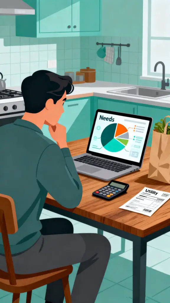A professional vector illustration showing a budget where essential needs take up more than the traditional 50 percent of income.