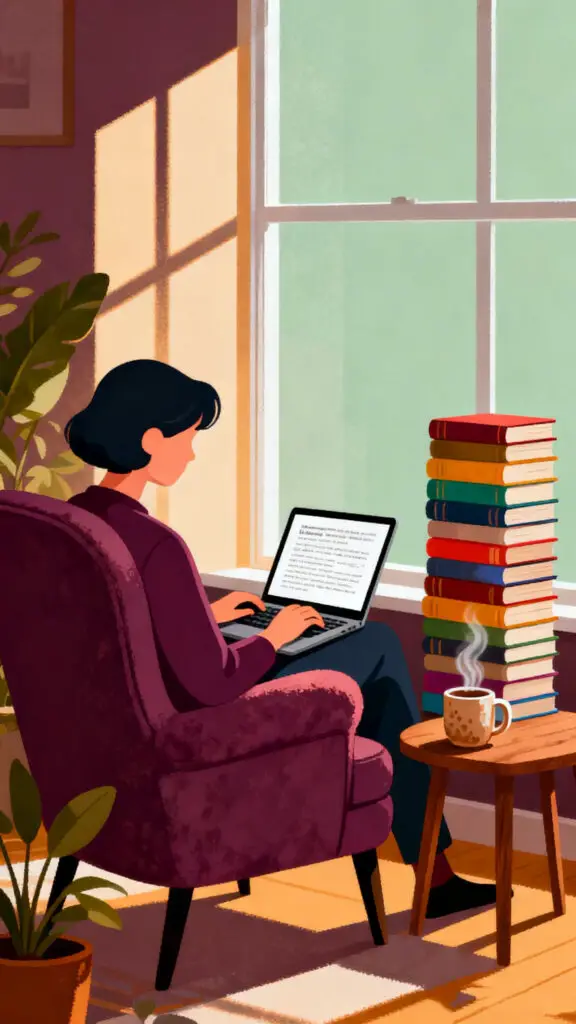 Side Jobs To Make Money Reading Books at Home 2 A cozy vector illustration of a reviewer writing a book critique from a peaceful home reading nook.