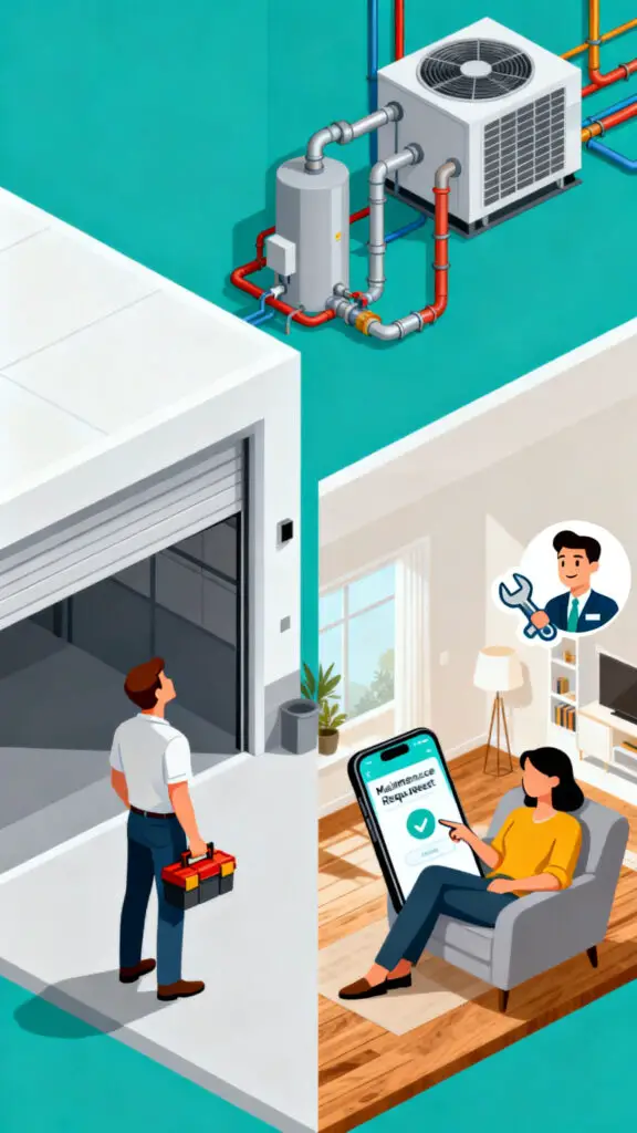 A clean digital illustration comparing a homeowner's hands-on repair responsibilities with a renter's simple maintenance requests.