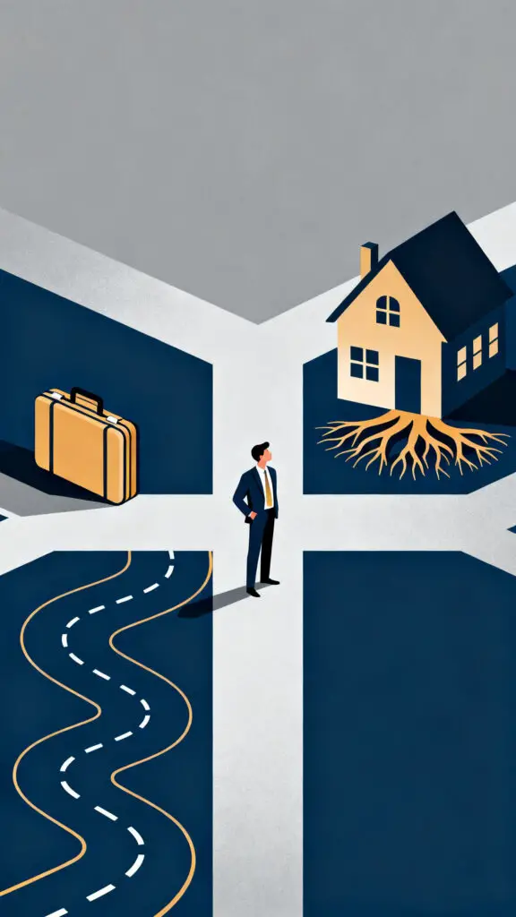 A professional vector illustration showing the choice between the lifestyle flexibility of renting and the stability of buying a home.