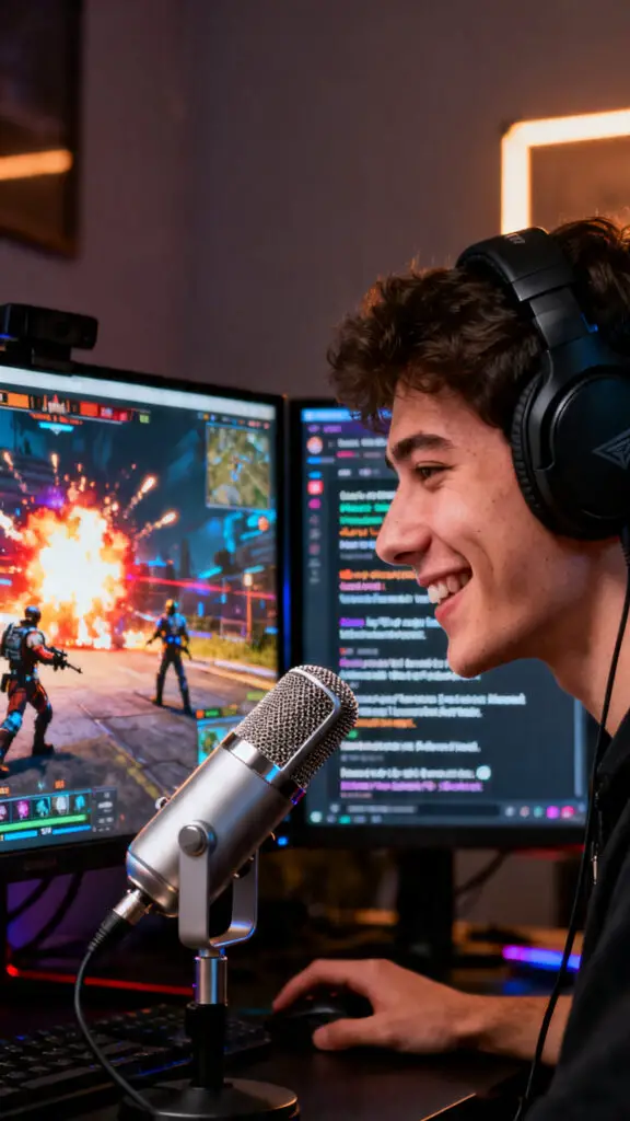 How To Make Money Playing Video Games 3 A professional live streamer smiling and talking into a microphone in a beautifully lit room with a moody neon background.