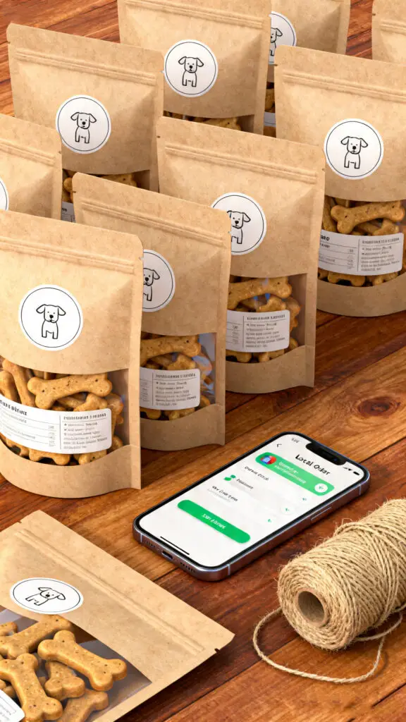 How To Start A Dog Treat Side Hustle From Home 3 A clean digital illustration of professional, eco-friendly kraft paper packaging and labels for a homemade pet treat business.