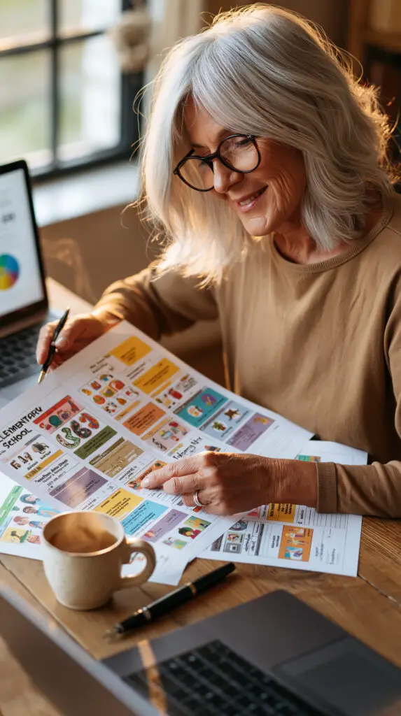 A high-end photograph of an elderly female educator with silver hair reviewing colorful school lesson plans at a sunlit wooden desk with a laptop and a mug of tea.