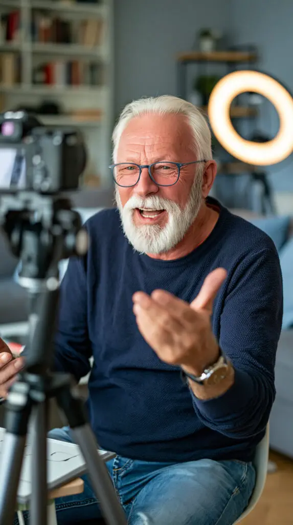 A bright close-up photograph of a friendly retired male teacher in his late 60s speaking directly to a video camera in a beautifully lit home studio setup.