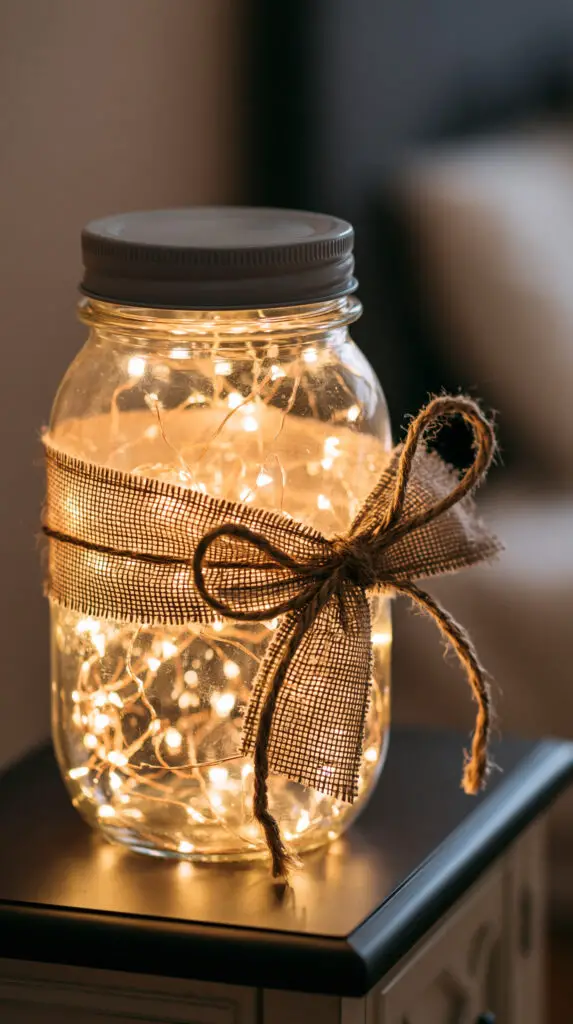 A high-end photograph of a decorative glass mason jar filled with warm fairy lights and wrapped in burlap ribbon on a cozy bedroom nightstand.