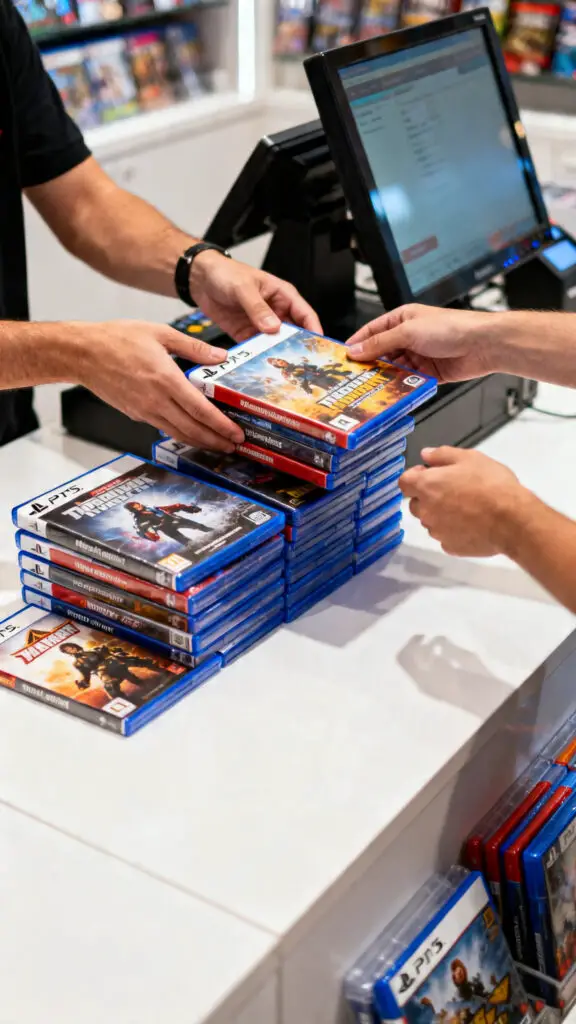 Best Places To Sell Video Games For Cash 2 A high-end close-up photograph of a stack of video games on a clean store counter with a beautifully blurred background.
