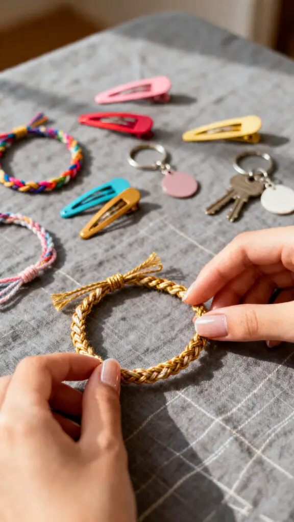 Things To Sell At School To Make Money 3 A crisp close-up photograph showcasing delicate handmade woven bracelets and colorful accessories being arranged on a soft linen texture.