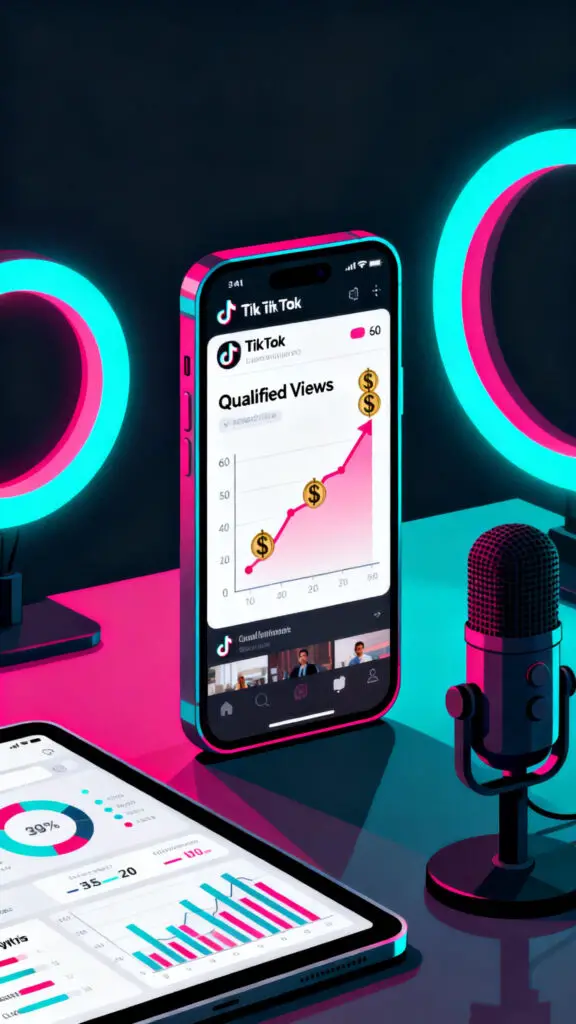 A vibrant vector illustration of an analytics dashboard displaying qualified view growth and payouts from long-form video monetization.