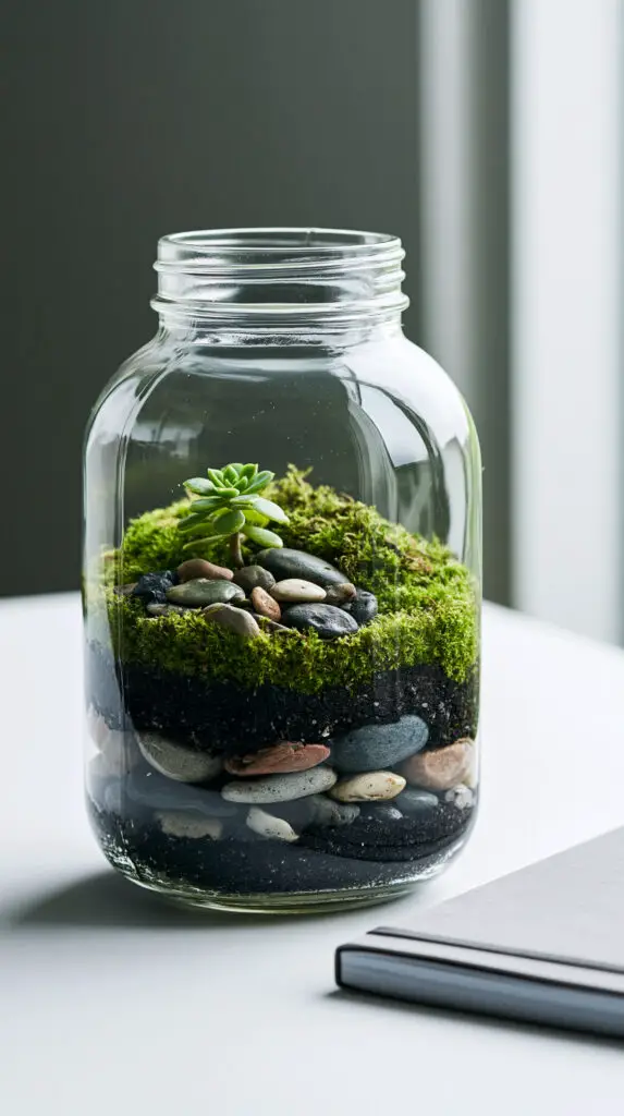 A beautifully lit, crisp photograph of a mini succulent terrarium inside a clean mason jar placed on a modern white office desk.