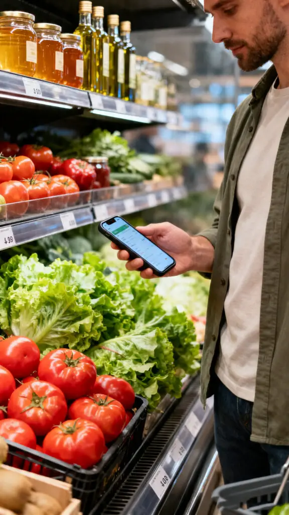How To Get Paid To Shop 2 A high-quality retail photograph of a shopper holding a smartphone next to a crisp, beautifully blurred organic produce aisle.