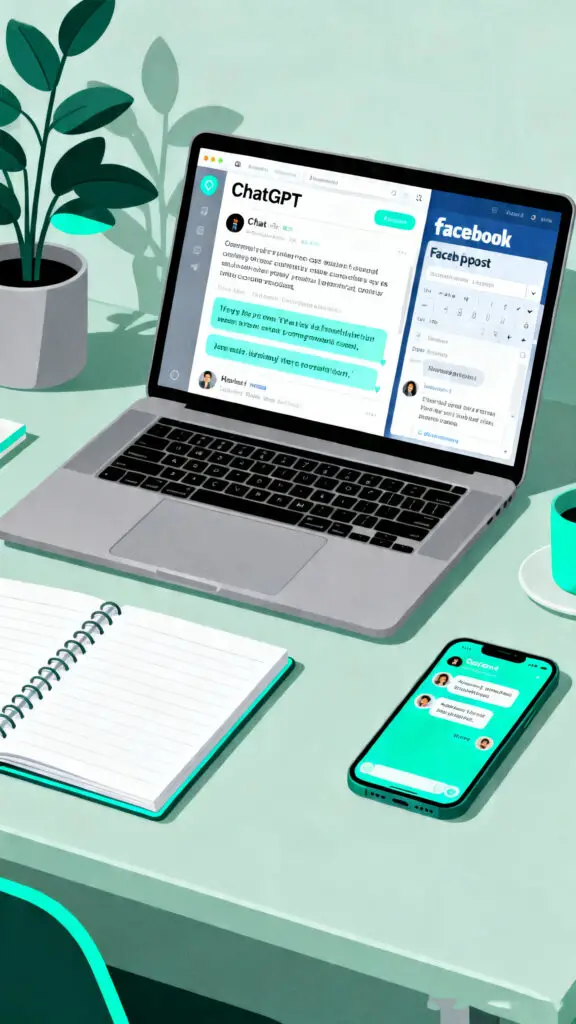 A productive vector illustration highlighting how to use a ChatGPT workspace to write copy and manage content for freelance clients.