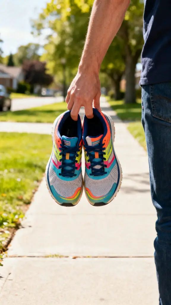 Best Places To Sell Shoes For Cash 3 A person holding up a clean pair of used running shoes outdoors against a blurred park background to show their good condition for a local sale.