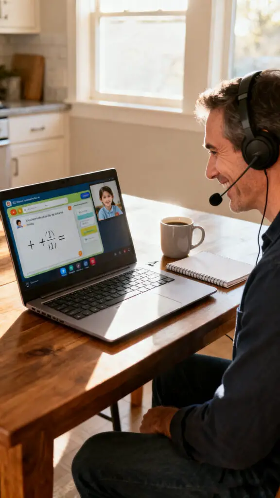 Top 12 Stay At Home Dad Jobs for Flexible Income 2 A stay-at-home dad wearing a headset smiles while tutoring a student online using a laptop at his kitchen table.