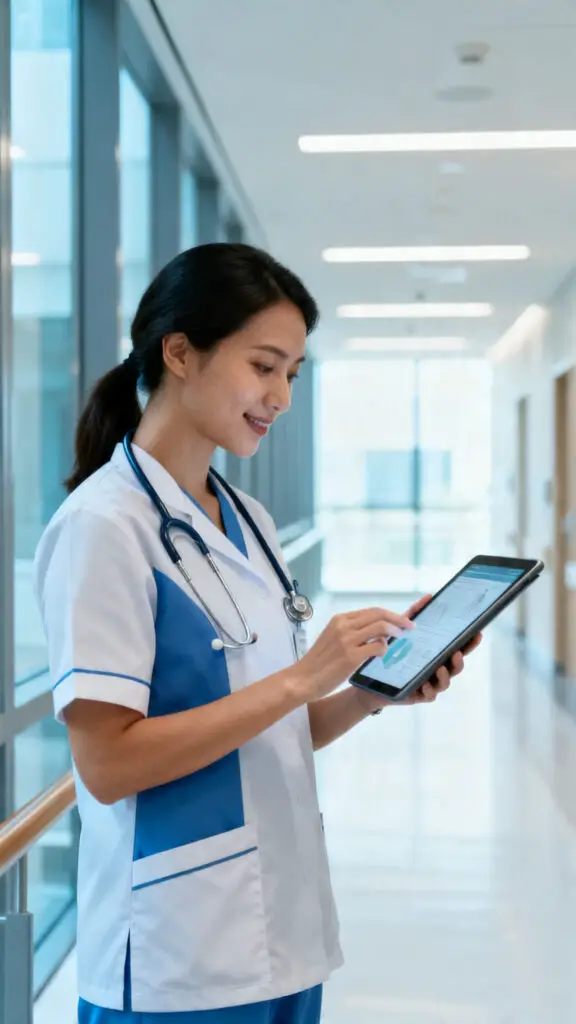 11 Best Jobs That Pay $40 An Hour 2 A high-end photograph of a registered nurse using a digital tablet in a clean, modern hospital hallway.