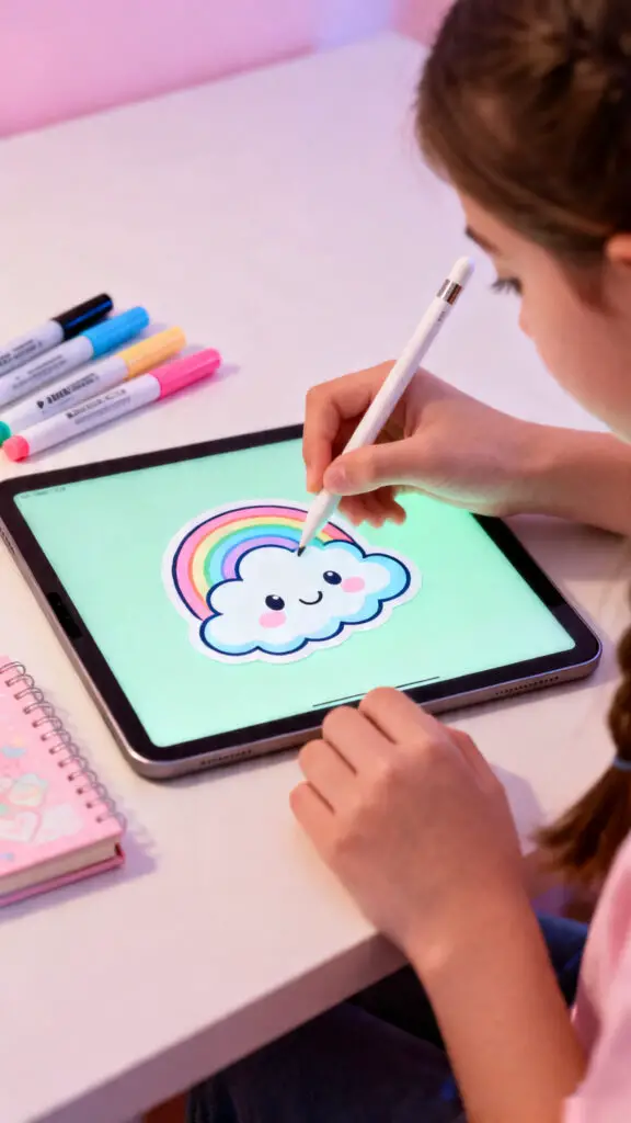 12 Ways To Make Money As A 14 Year Old Online 2 A close-up view of a teenager drawing a colorful cartoon cloud sticker on a tablet using a stylus at a tidy desk.
