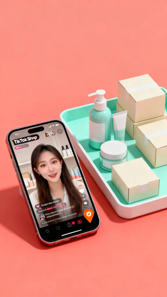 A clean digital illustration showing a lifestyle creator setup for driving direct sales and e-commerce checkouts through a smartphone app.