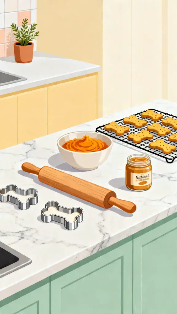 How To Start A Dog Treat Side Hustle From Home 2 A charming vector illustration of a clean, organized home kitchen workspace setup for baking healthy homemade dog treats.
