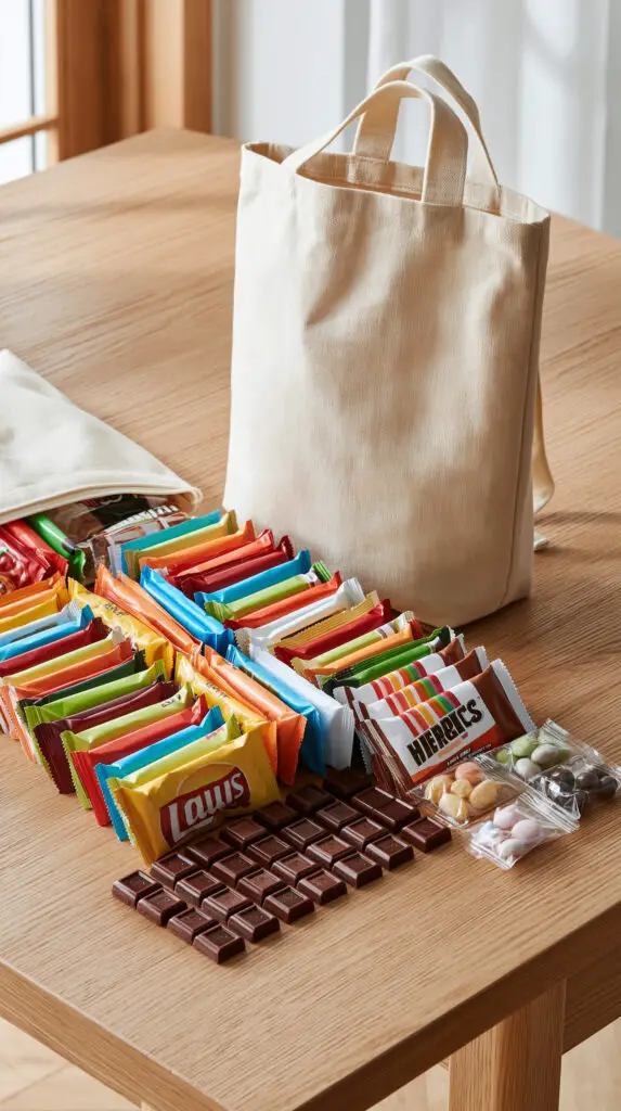 Things To Sell At School To Make Money 2 A high-end, bright flat-lay photograph of neatly arranged colorful snack packs and an open canvas backpack on a clean wooden desk.