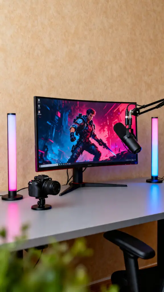 How To Make Money Playing Video Games 2 A premium content creator studio setup featuring a gaming monitor, high-end streaming microphone, and vibrant ambient lighting with a smooth background blur.
