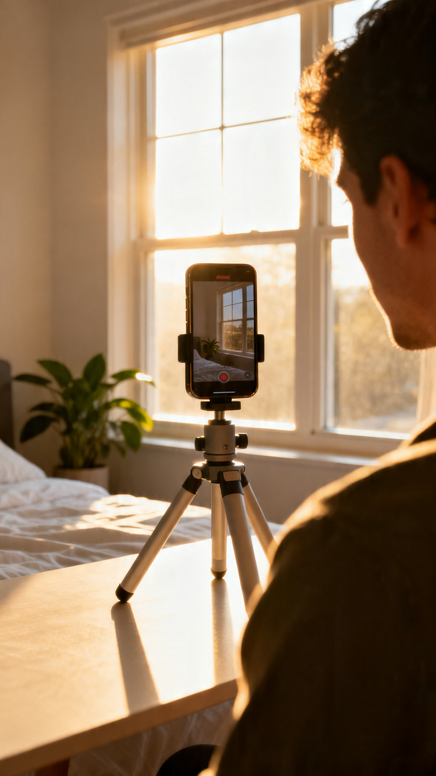 A smartphone mounted on a simple tabletop tripod positioned in front of a bright window with natural light, ready to record content.