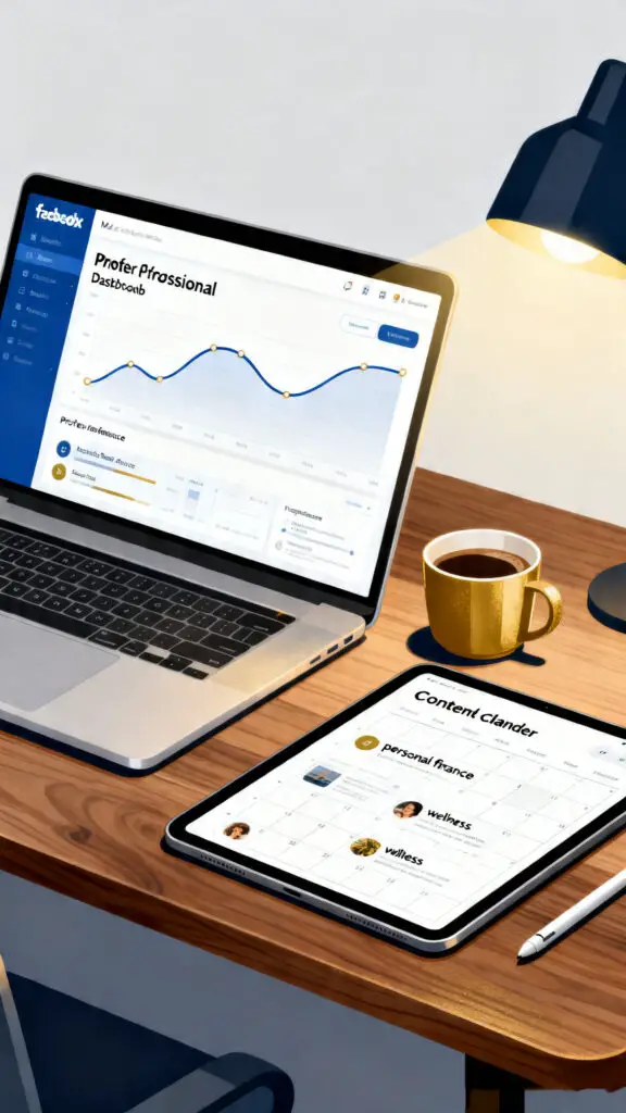 A clean vector illustration of a professional dashboard tracking growth and analytics for a targeted niche Facebook page.
