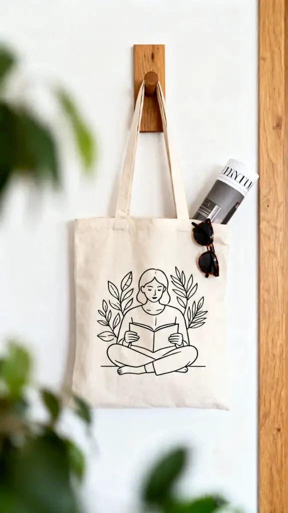 A canvas tote bag featuring a minimalist line-art design of a reader hanging on a wooden peg, with a magazine peeking out from the top.