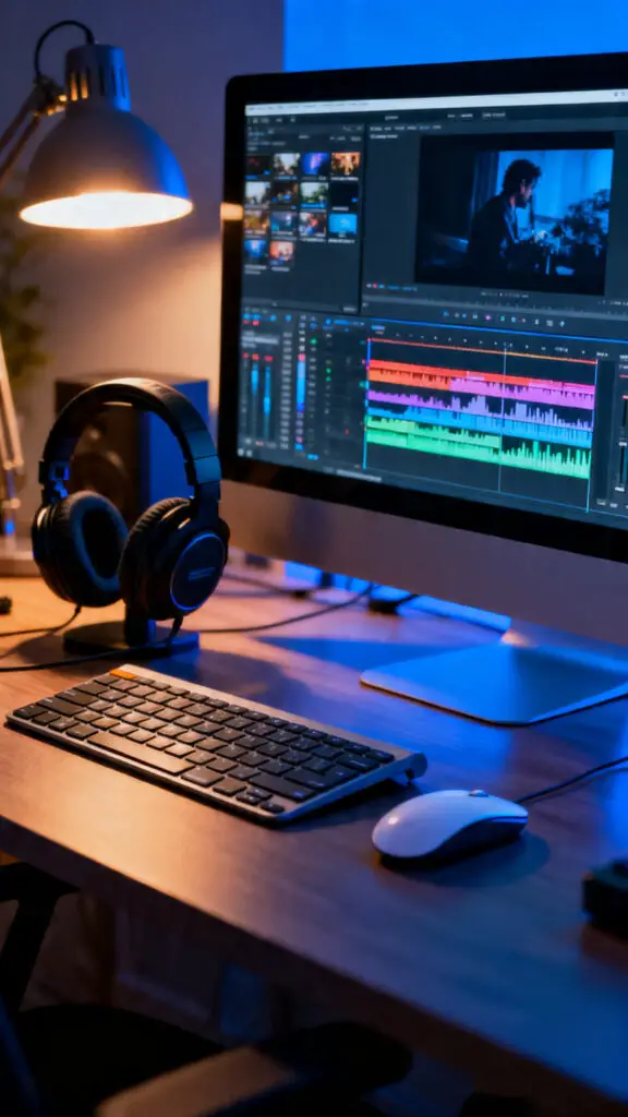 Top 12 Stay At Home Dad Jobs for Flexible Income 3 A professional home video editing setup showing a detailed timeline on a large monitor screen alongside headphones and an ergonomic mouse.