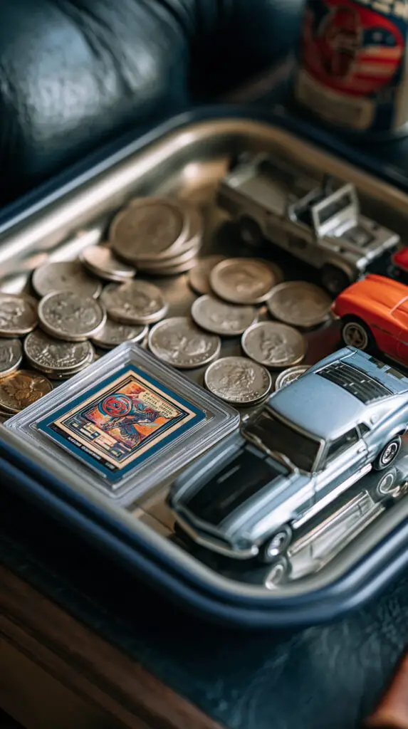 14 Profitable Things To Sell On eBay 2 A high-end studio photograph showcasing a crisp arrangement of rare vintage coins, a collectible trading card, and an old die-cast toy car on a dark surface.