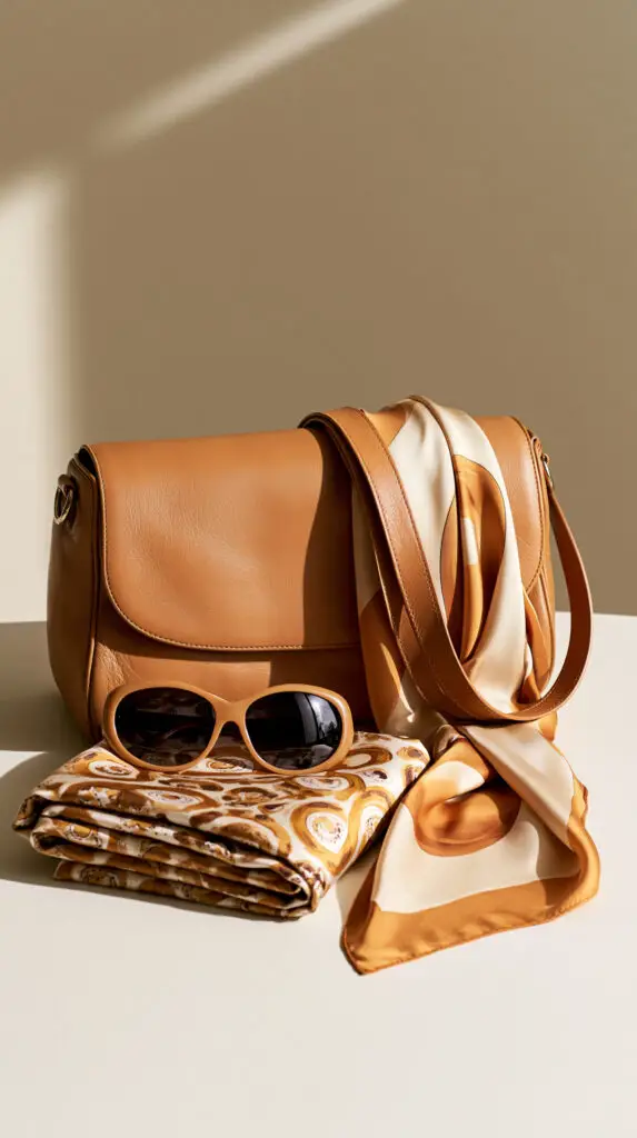 14 Profitable Things To Sell On eBay 3 A beautifully lit, sharp photograph of a vintage leather handbag, retro sunglasses, and a silk scarf arranged as a stylized fashion layout.